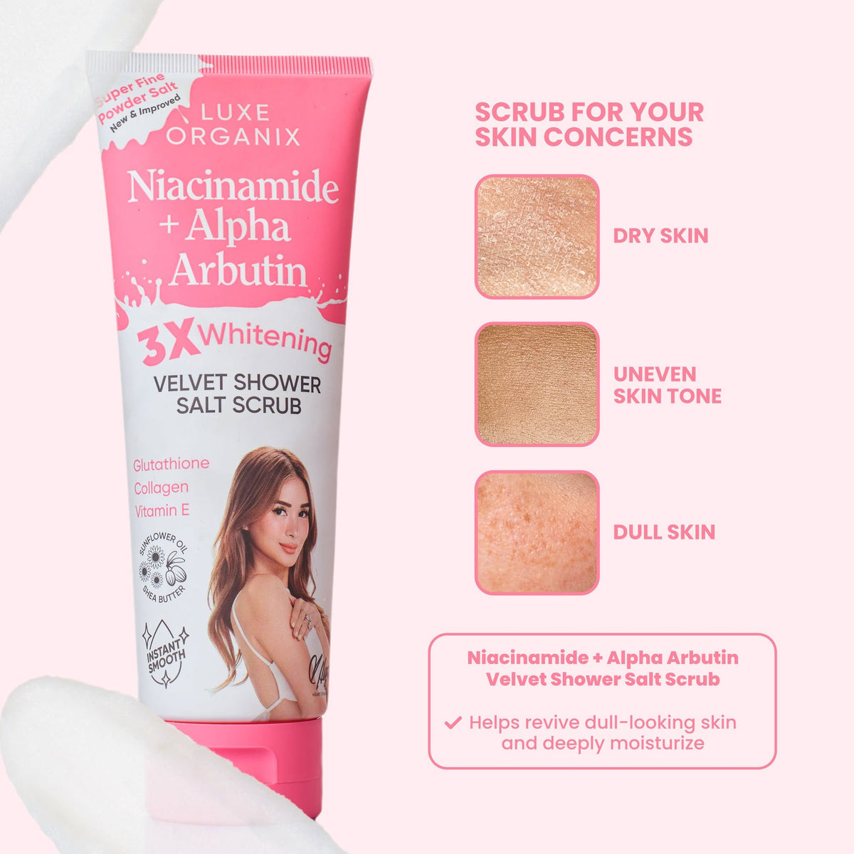 Luxe Organix Niacinamide + Alpha Arbutin Velvet Shower Salt Scrub