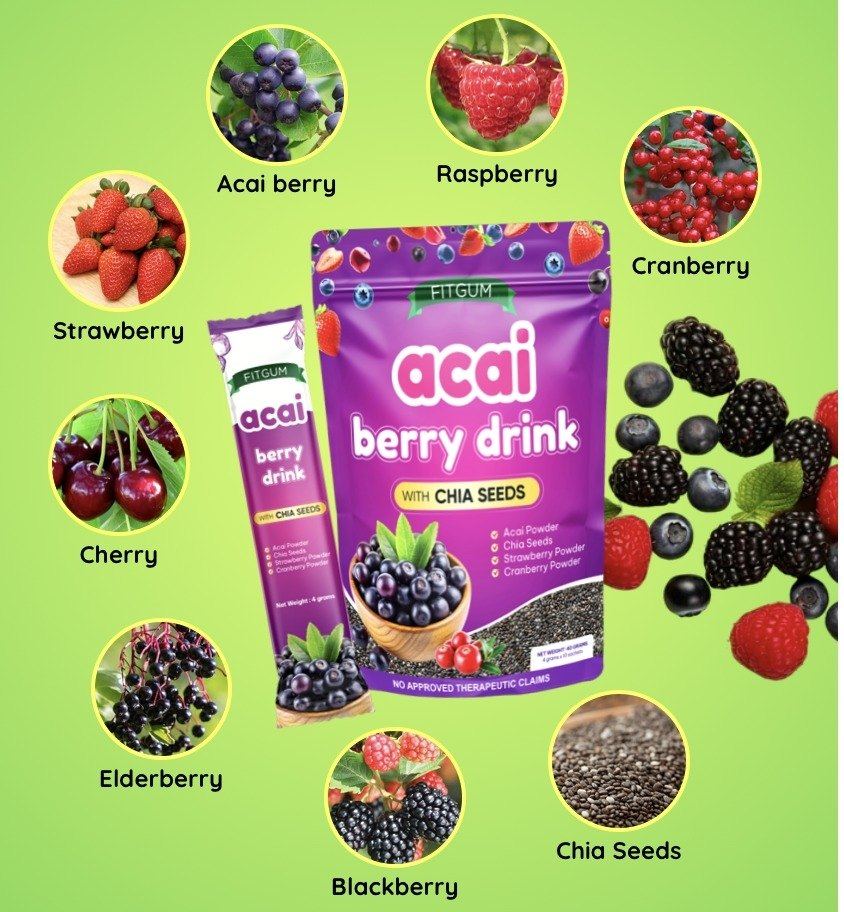 FITGUM Acai Berry Powdered Drink with Chia Seeds (10 x 4g Sachets)