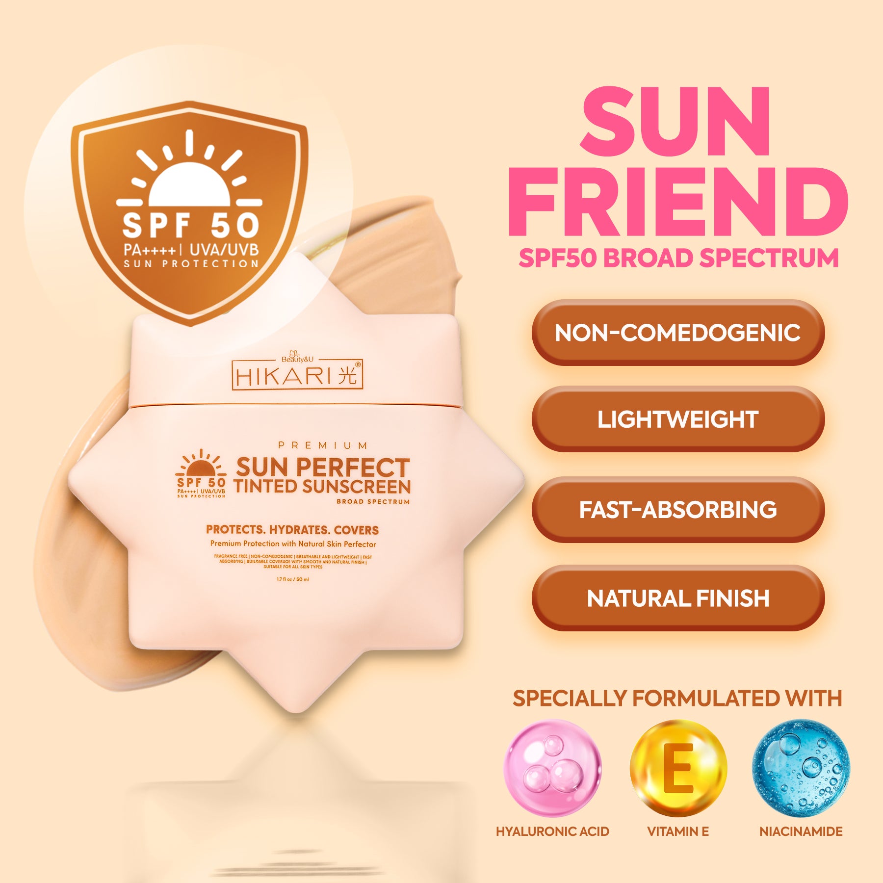 Beauty&U Hikari Premium Sun Perfect Tinted Sunscreen SPF 50 PA++++ 50ml