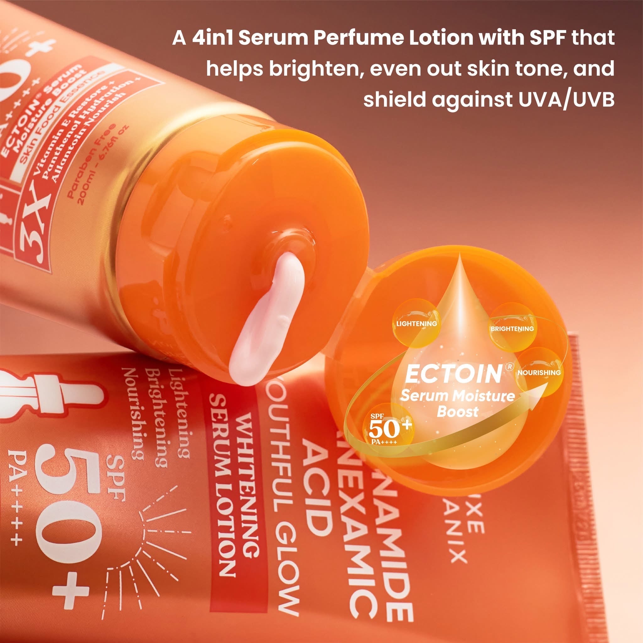LUXE ORGANIX Niacinamide + Tranexamic Acid Youthful Glow Whitening Serum Lotion SPF 50 Pa++++ 200ml