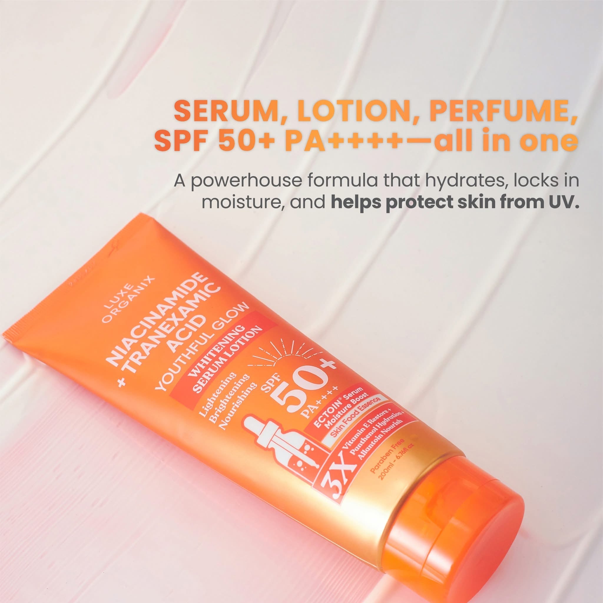 LUXE ORGANIX Niacinamide + Tranexamic Acid Youthful Glow Whitening Serum Lotion SPF 50 Pa++++ 200ml