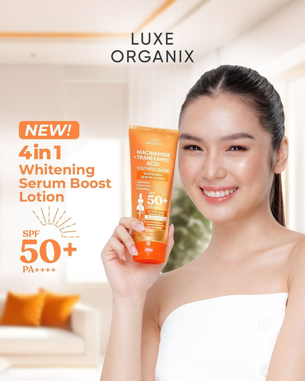 LUXE ORGANIX Niacinamide + Tranexamic Acid Youthful Glow Whitening Serum Lotion SPF 50 Pa++++ 200ml
