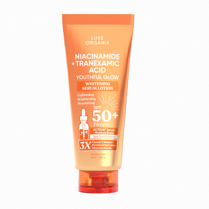 LUXE ORGANIX Niacinamide + Tranexamic Acid Youthful Glow Whitening Serum Lotion SPF 50 Pa++++ 200ml