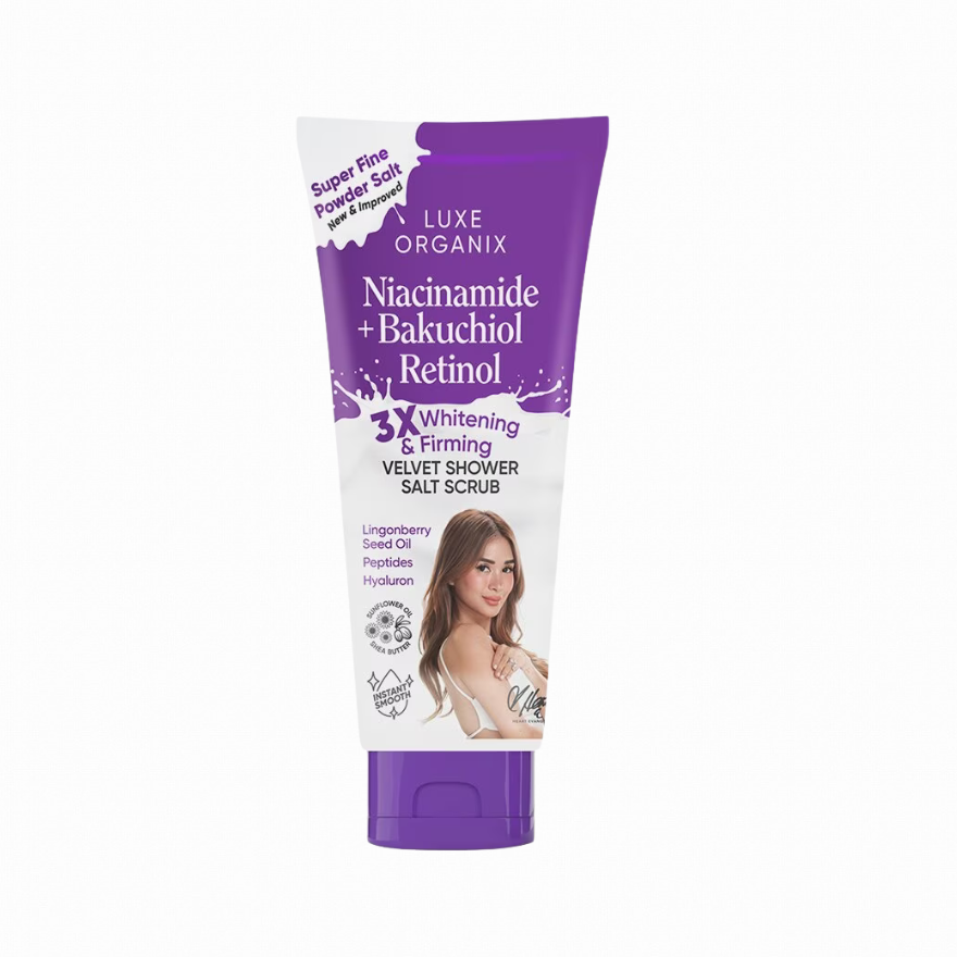 LUXE ORGANIX Niacinamide + Bakuchiol Retinol Velvet Shower Salt Scrub 320g