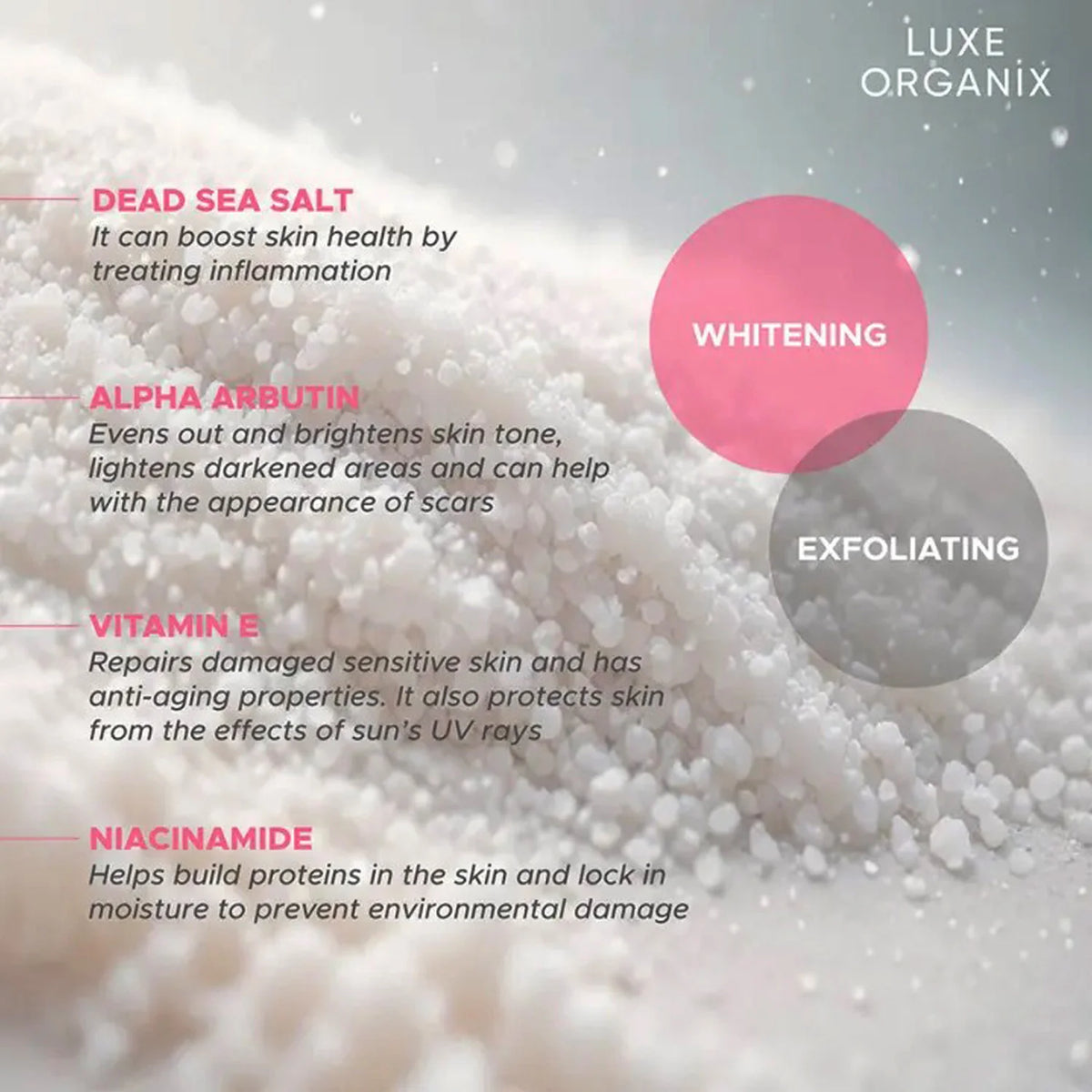 Luxe Organix Niacinamide + Alpha Arbutin Velvet Shower Salt Scrub